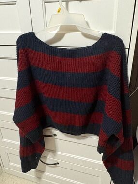 Stella Tweed Navy and Burgundy Striped Off-Shoulder Sweater
